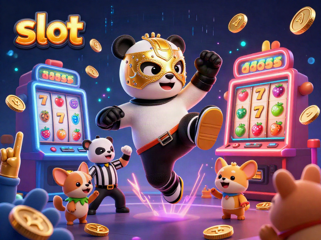 Engaging scene with a panda wrestler executing a kick near vibrant slot machines, showcasing casino excitement.