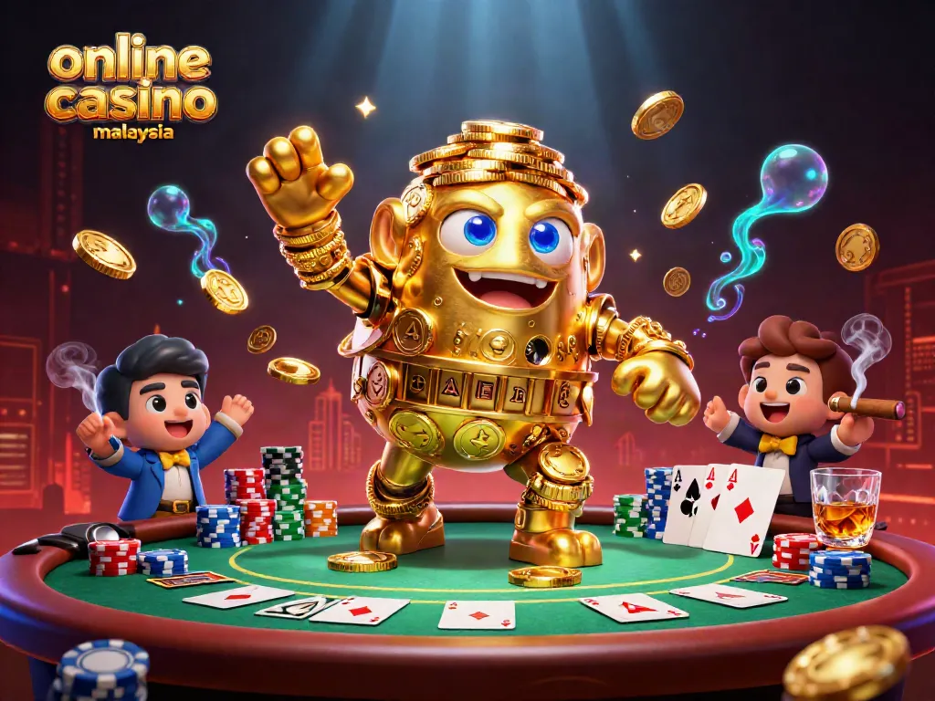Experience the thrill of online casino malaysia with vivid 3D golem and poker action in a vibrant setting.