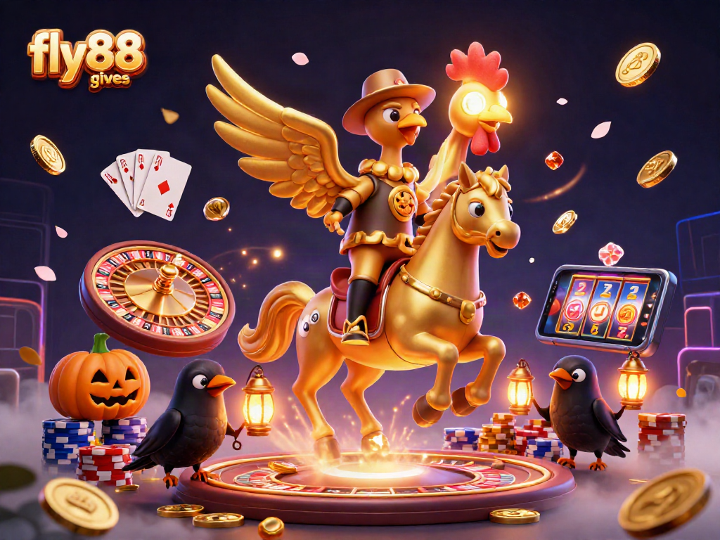 Engage with fly88 gives - a vibrant casino scene featuring a golden rooster and sparkling game elements.