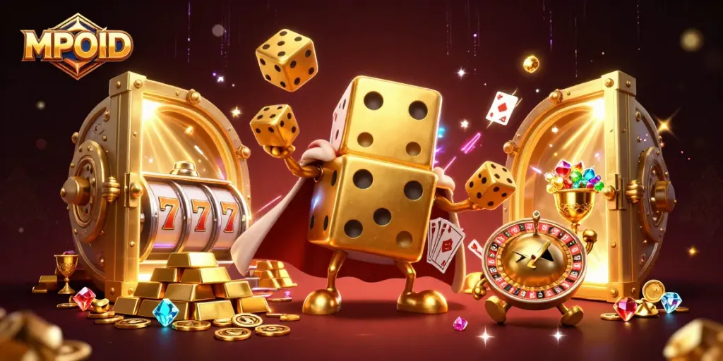 Engage in MPOID gaming with a vibrant scene featuring golden dice, slot reels, and dazzling treasures.