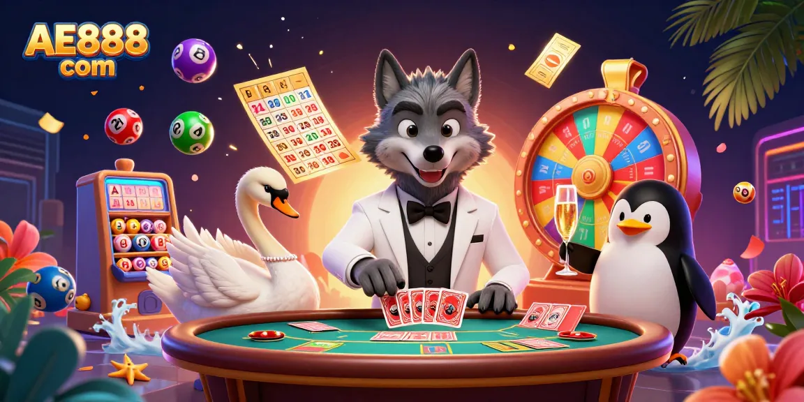 Experience thrilling bets at AE888 com with a vibrant 3D illustration featuring casino characters and colorful game elements.