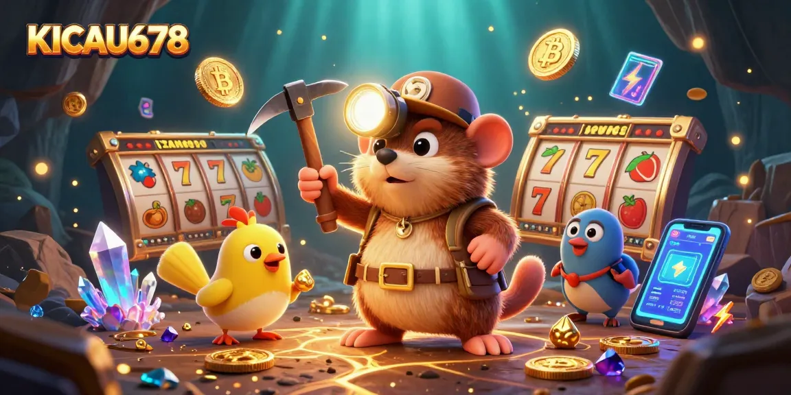 KICAU678 slots-themed illustration showing treasure hunter mole among slots and crypto elements