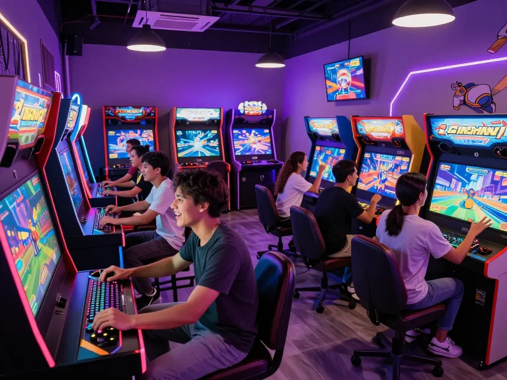 Exciting moment at mantra88 arcade with friends playing popular games under vibrant neon lights.