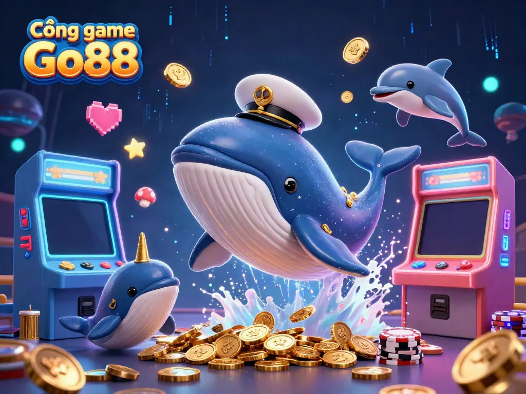 Experience excitement at the Cổng game Go88 as a whale immerses in gold coins amidst gaming machines and dolphins.