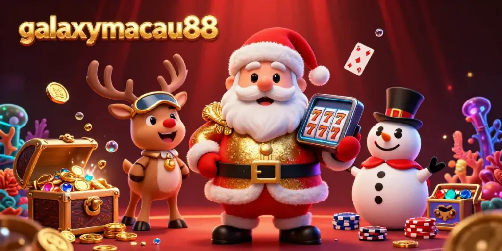 Experience jackpot thrills with galaxymacau88 in a lively casino scene featuring Santa, a reindeer dealer, and a chip-topped snowman.