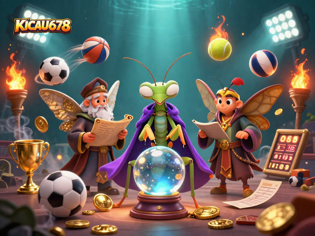 KICAU678 sports betting scene with a fortune teller, moth librarian, and dynamic sports elements.