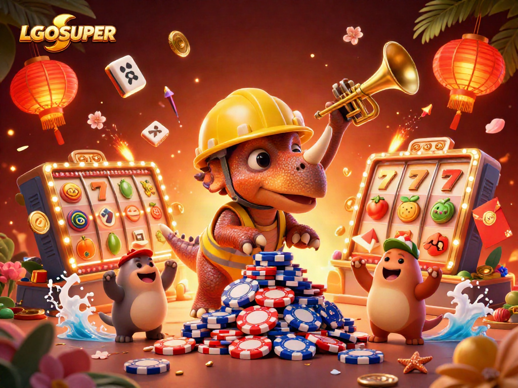 Engage in thrilling gameplay with LGOSUPER's dynamic 3D casino scene showcasing slots and poker excitement.