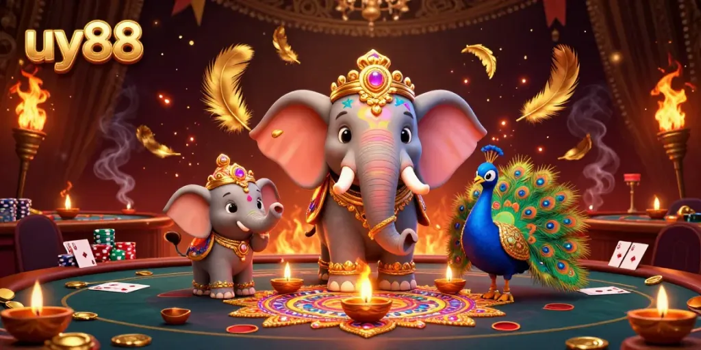 Experience high-stakes gambling at uy88 with a vibrant 3D casino scene featuring colorful characters.