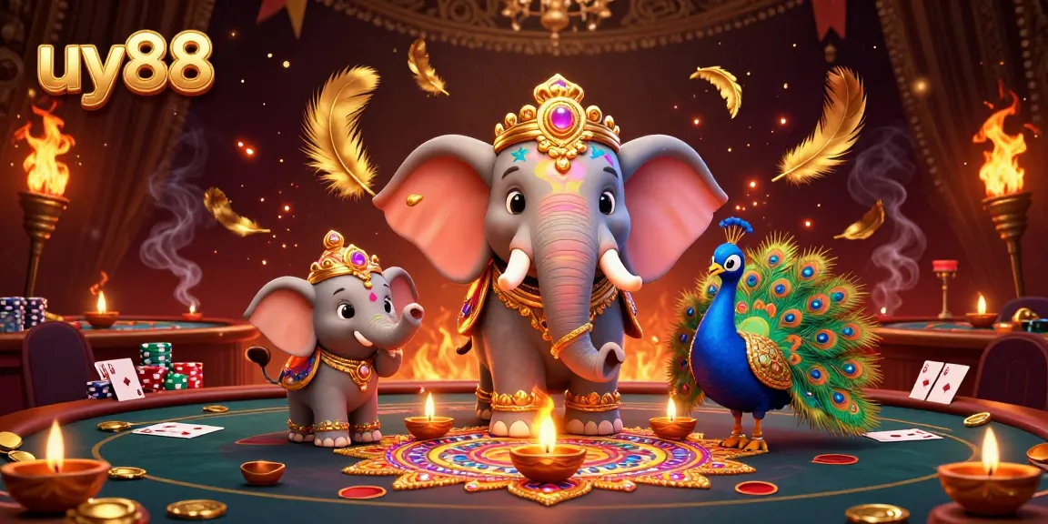 Experience high-stakes gambling at uy88 with a vibrant 3D casino scene featuring colorful characters.