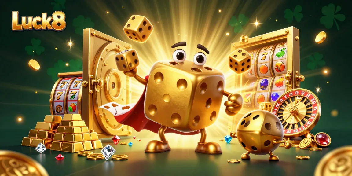Luck8 spins the reels with excitement in a vibrant casino scene filled with gold and gems.