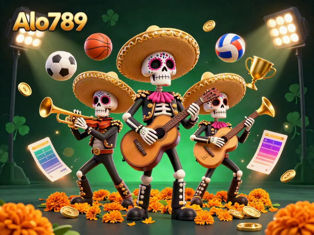 Alo789 challenges players with vibrant, thrilling 3D casino atmosphere featuring lively mariachi characters and dynamic sports elements.