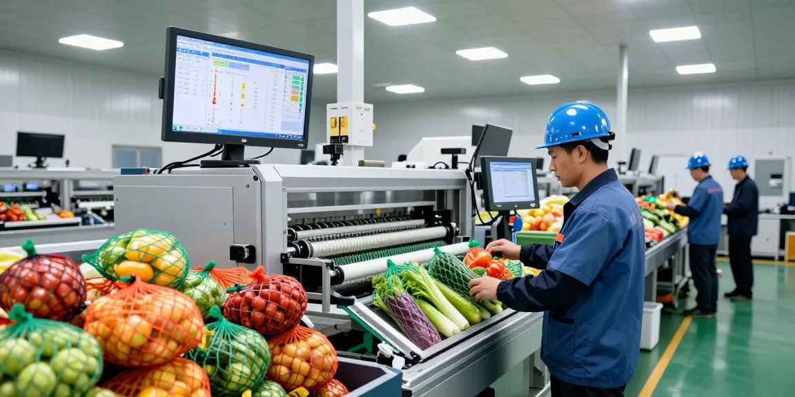 Operator adjusting net packaging machine for efficient packing of vegetables, showcasing advanced machinery technology.