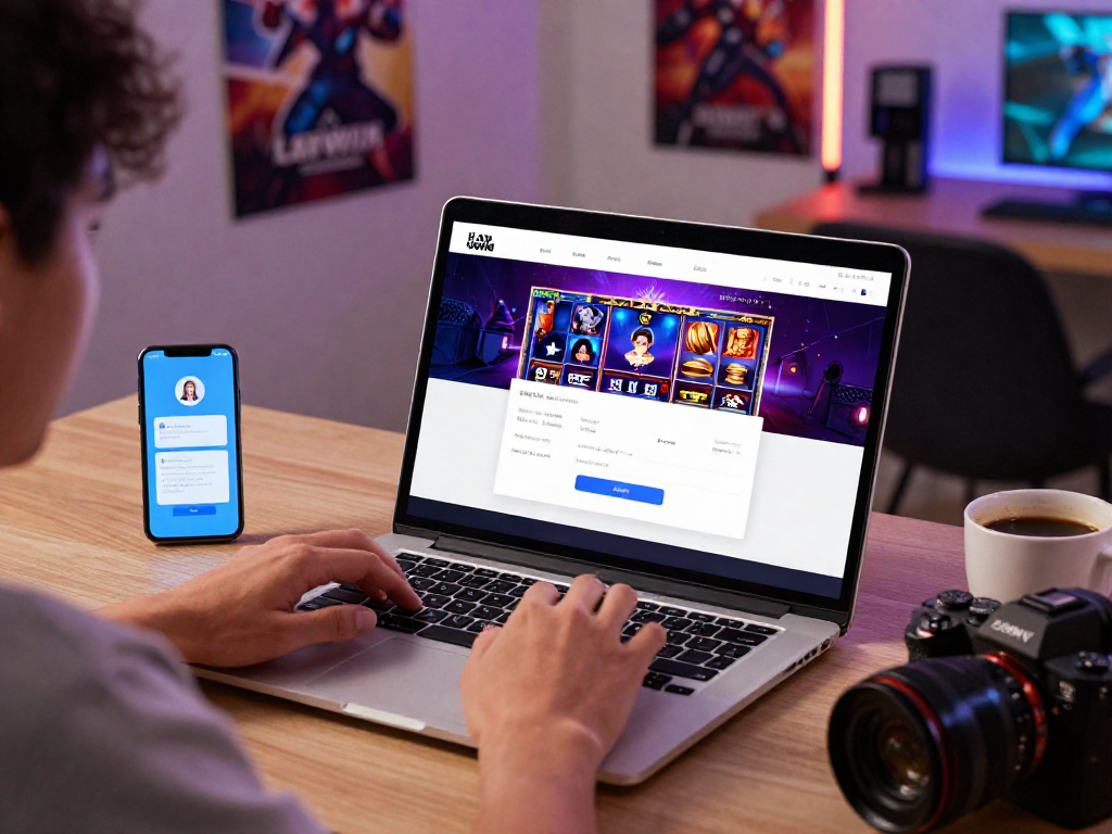 LAVOWIN daftar interface displayed on laptop, showcasing exciting slot games and user-friendly navigation amidst a modern gaming setup.