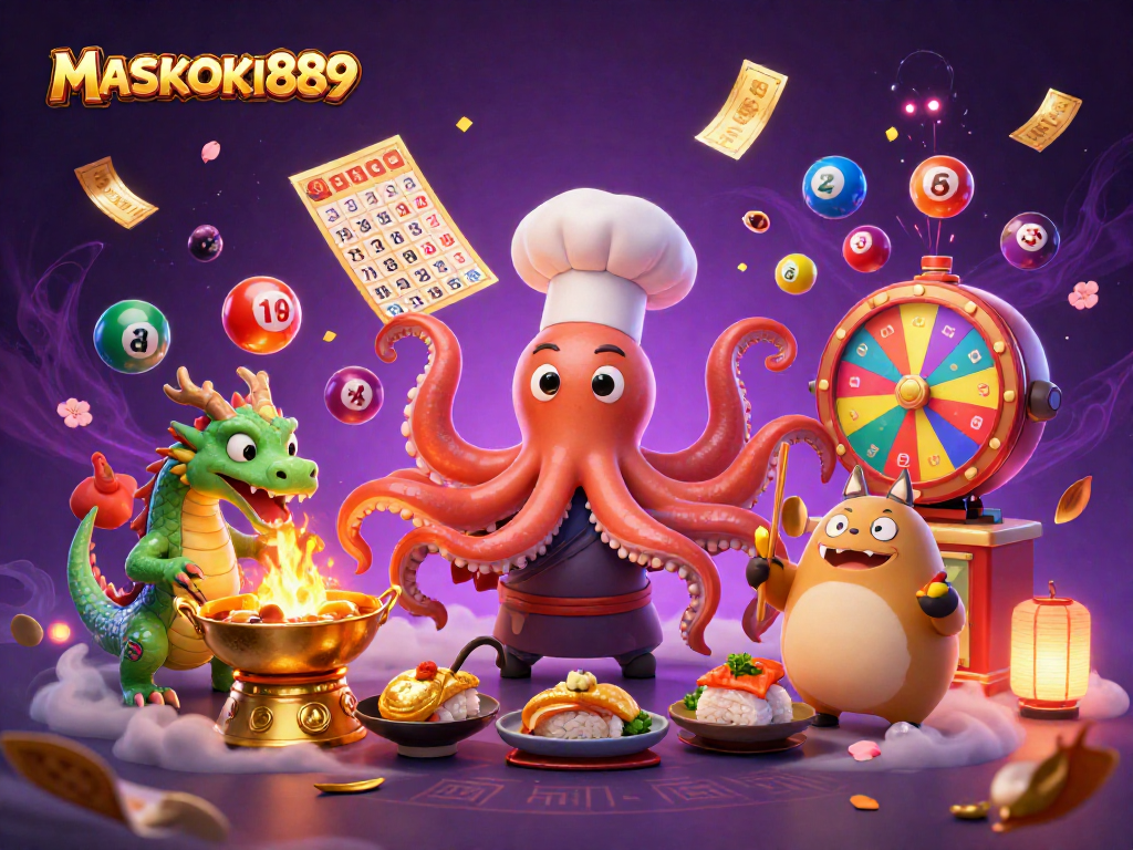 Experience the excitement of MASKOKI889 with a vibrant 3D illustration showcasing a sushi chef octopus, a fire-breathing dragon, and a tanuki in a dynamic casino setting.
