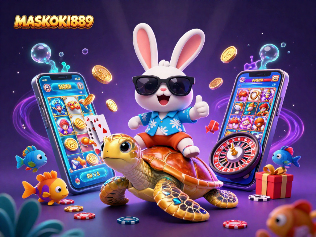Experience the thrill of winning at MASKOKI889 with lively characters and vibrant slot game elements.