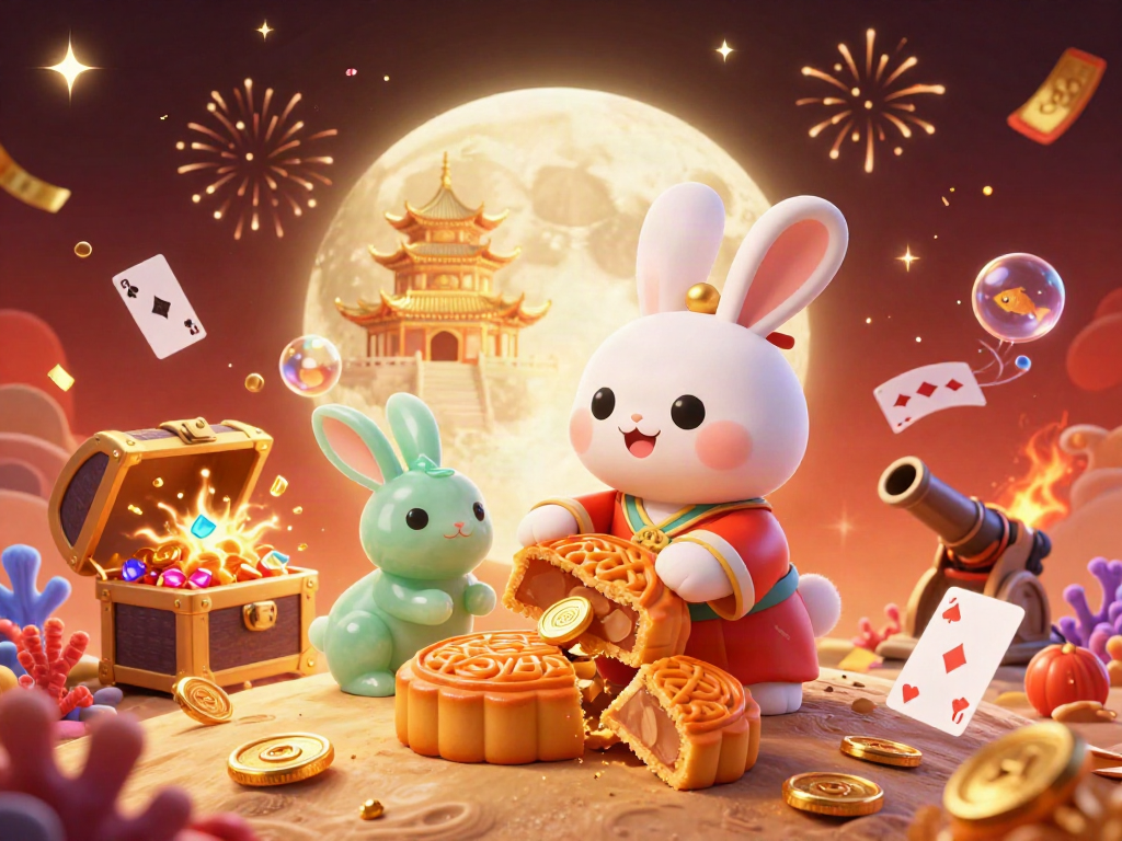 Experience the thrill of gambling with gavangtv featuring a whimsical moon rabbit surrounded by treasures.