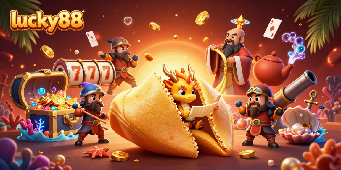 Experience thrilling wins with lucky88's vibrant 3D casino illustration featuring a golden fortune cookie.