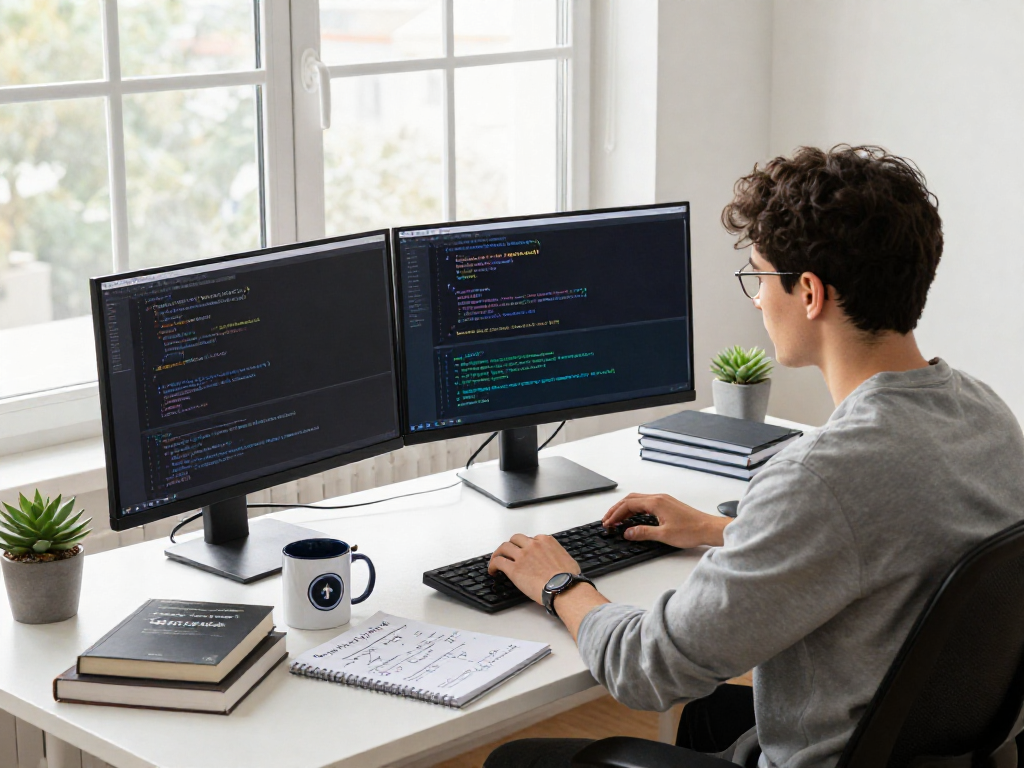 Programmer at a sleek workstation analyzing Tornardocash blockchain algorithms with multiple monitors and cryptographic notes.