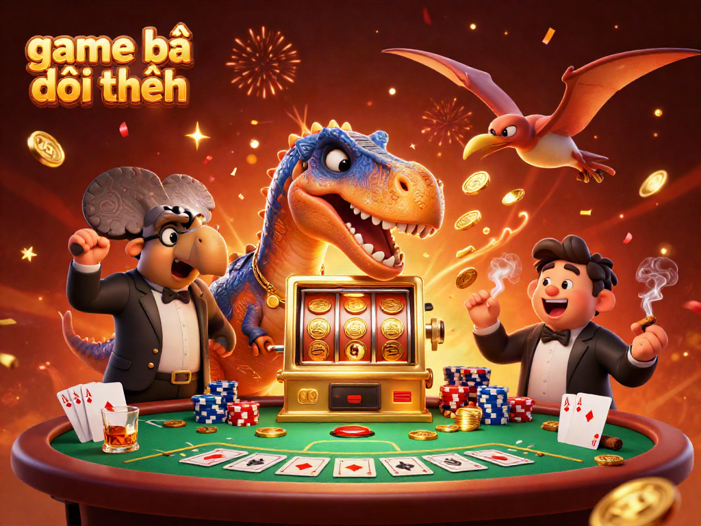Experience game bài đổi thưởng action as a dinosaur activates a jackpot, with vibrant casino elements.