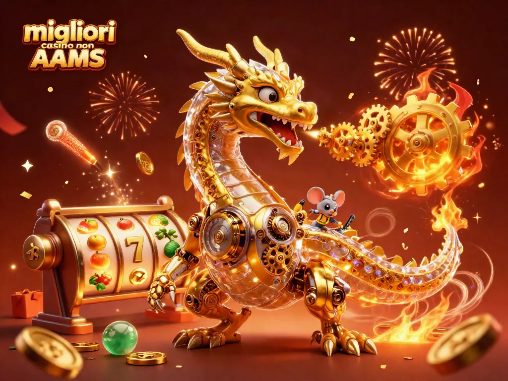 Migliori casino non AAMS: Dragone meccanico che lancia ingranaggi d'oro, slot e giocate festose