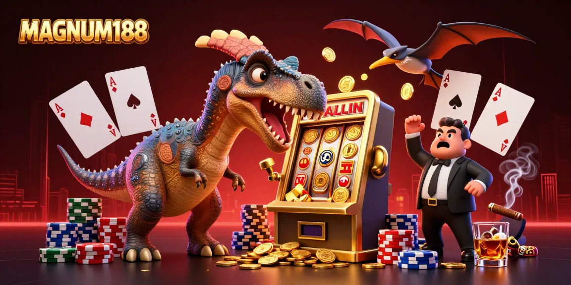 Experience the excitement of MAGNUM188 as a cartoon pachycephalosaurus celebrates jackpot wins at a vibrant casino scene.