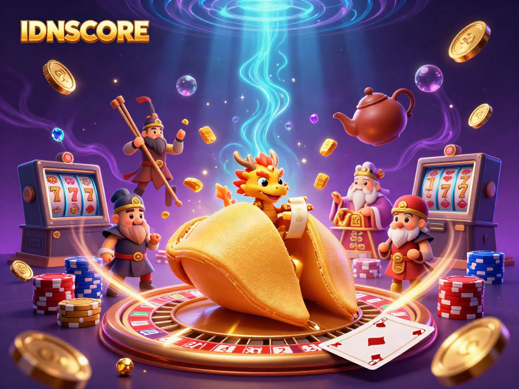 Experience thrilling wins at IDNSCORE with colorful casino elements and a magical dragon.