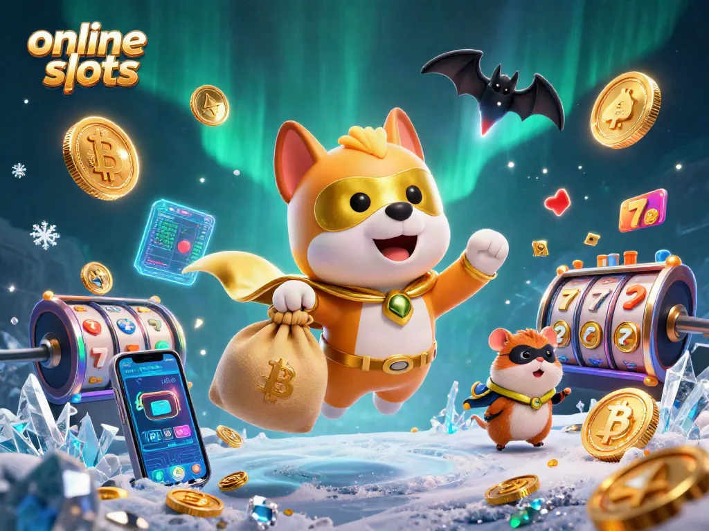 Spin for real cash with online slots in this vibrant 3D illustration featuring a superhero dog and gold coins.