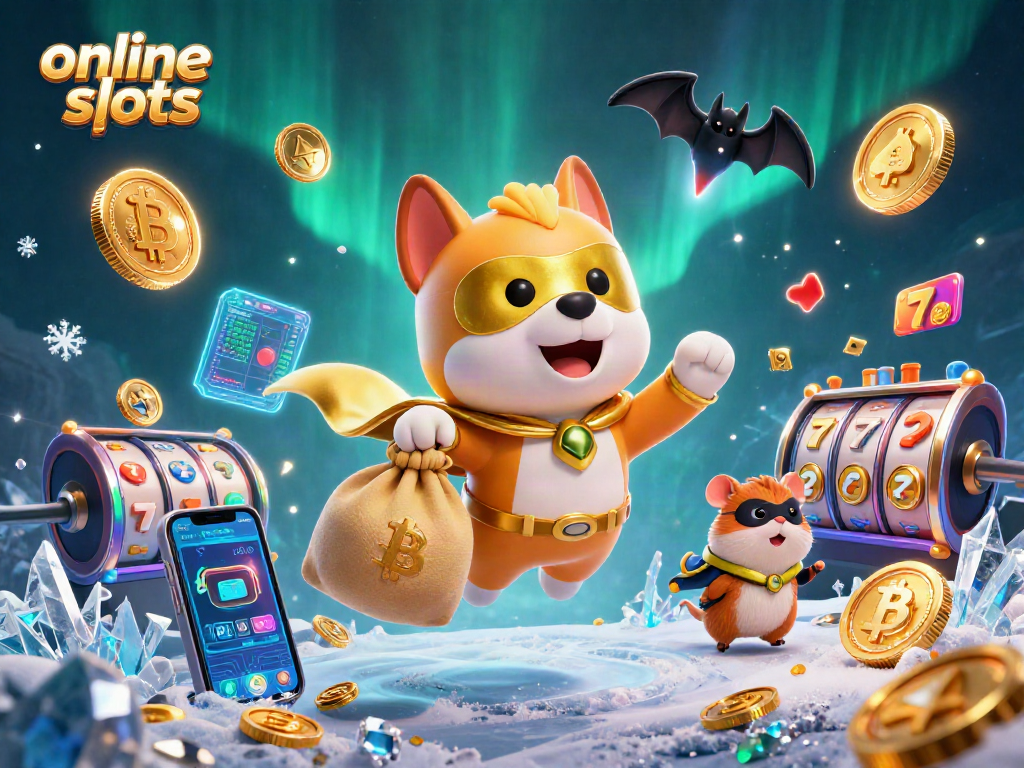 Spin for real cash with online slots in this vibrant 3D illustration featuring a superhero dog and gold coins.
