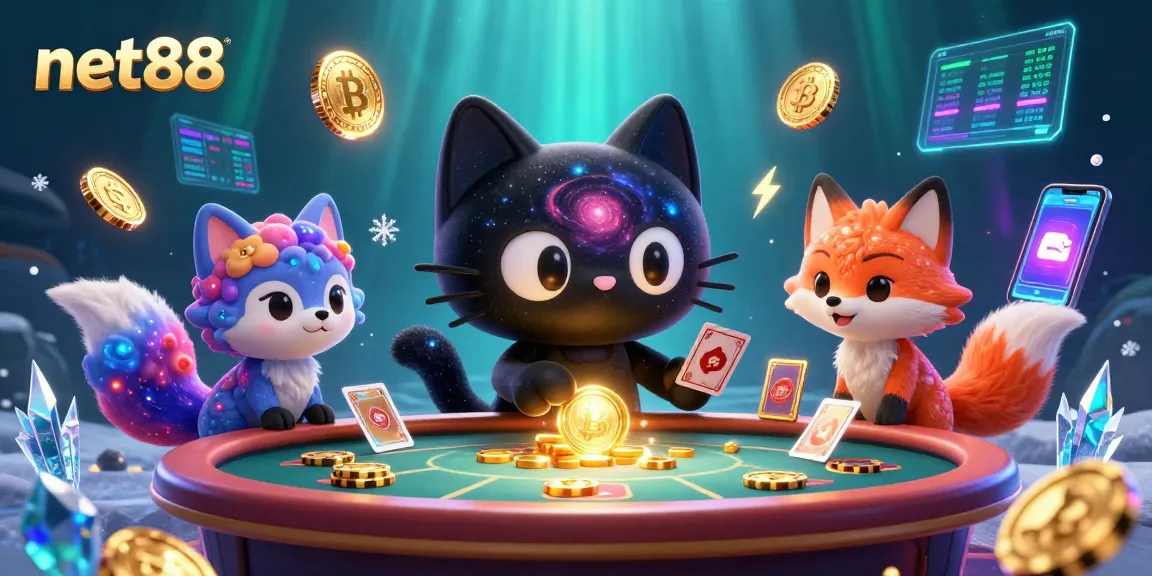 Engage with net88's cosmic casino scene featuring a black hole cat and nebula fox!