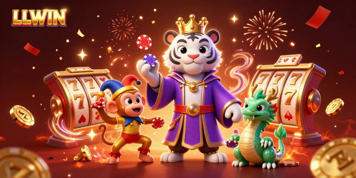 Experience the excitement of LLWIN with an enchanting illustration featuring a royal tiger, playful monkey, and jade dragon amidst dynamic casino elements.