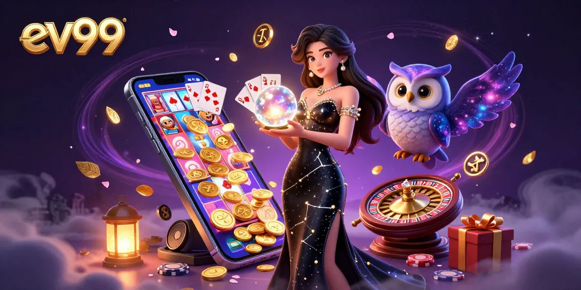 Experience thrilling gameplay at ev99 with an enchanting scene featuring a stunning lady, mystical owl, and dynamic casino elements.