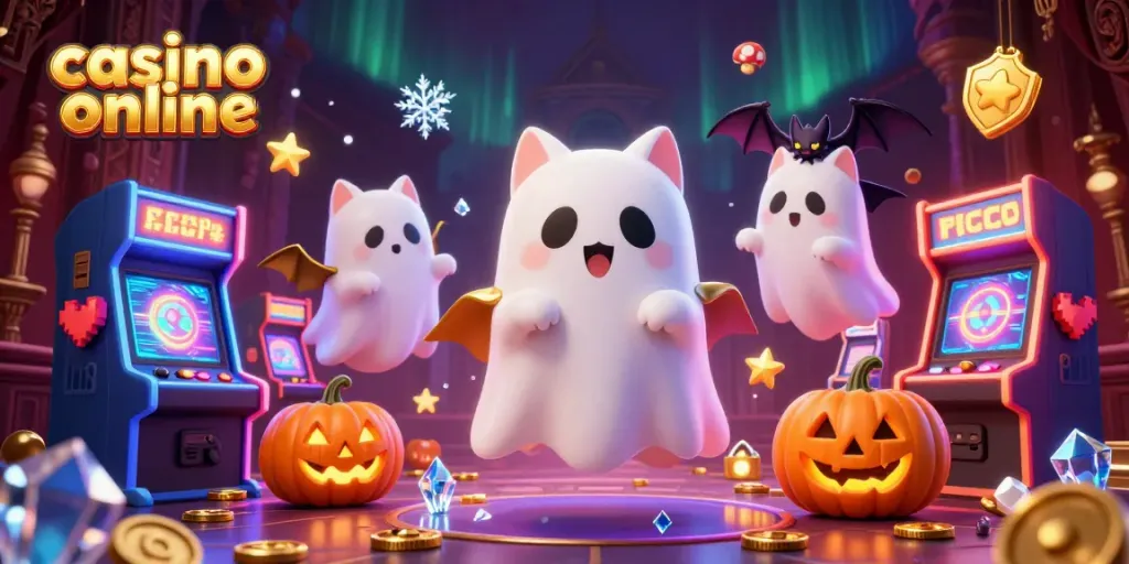 Vinci nel casino online con il fantasma del gatto e il pipistrello, illuminate da jack-o-lanterns.