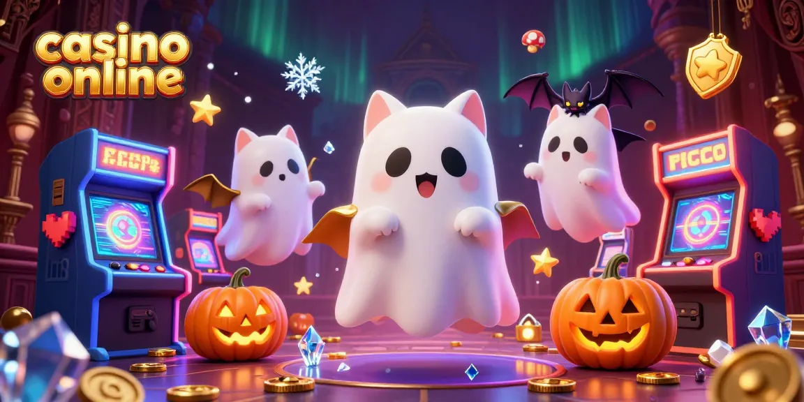 Vinci nel casino online con il fantasma del gatto e il pipistrello, illuminate da jack-o-lanterns.