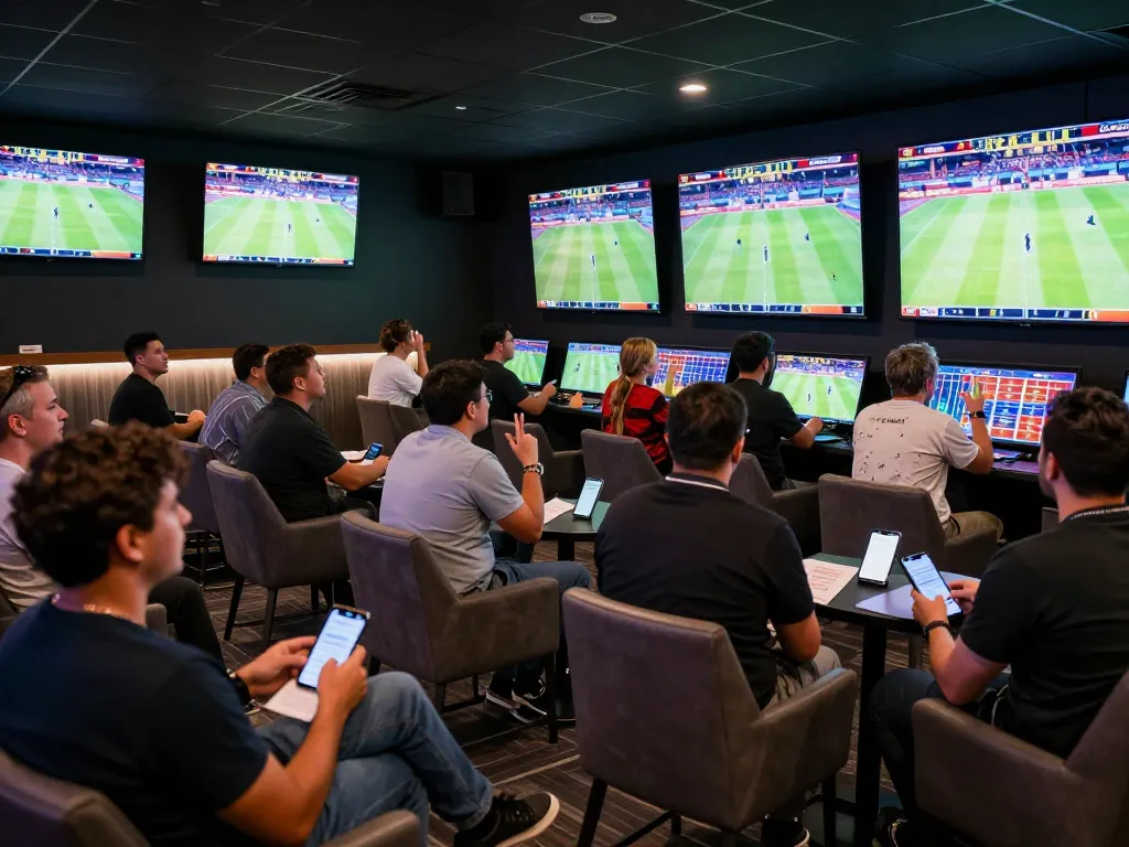 Sports enthusiasts engaged in nhandinhkeonhacai betting strategies while watching live matches in a vibrant lounge.