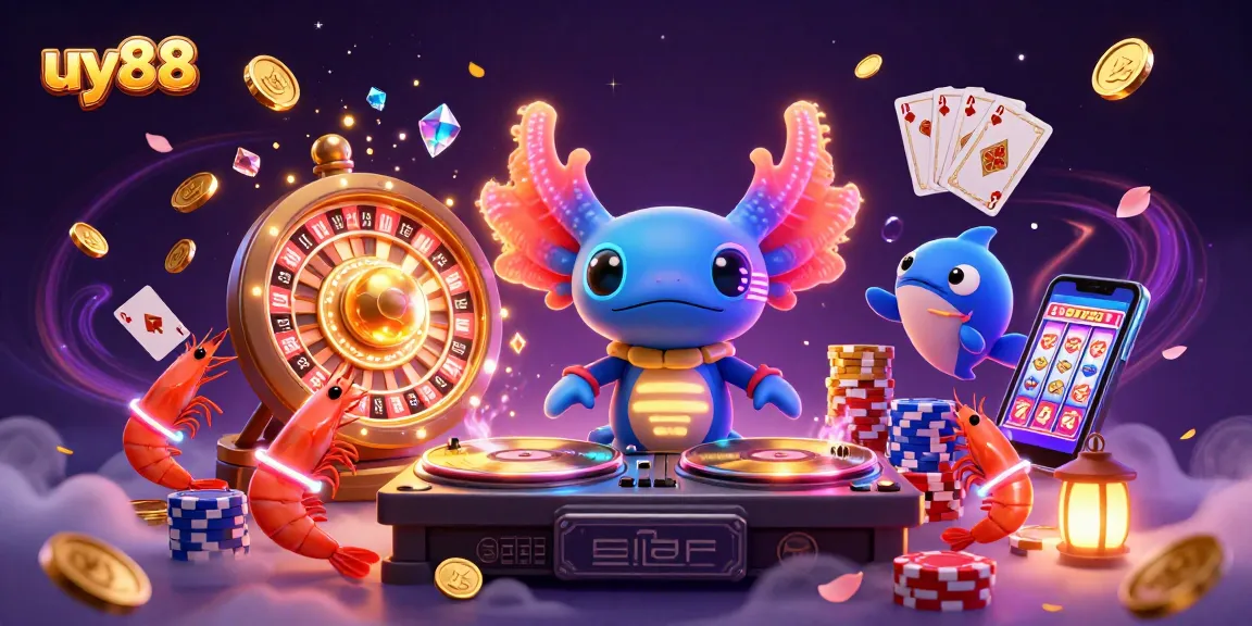 Experience the energetic casino atmosphere with uy88 through a vivid illustration of a neon axolotl DJ amidst cascading winnings and game elements.