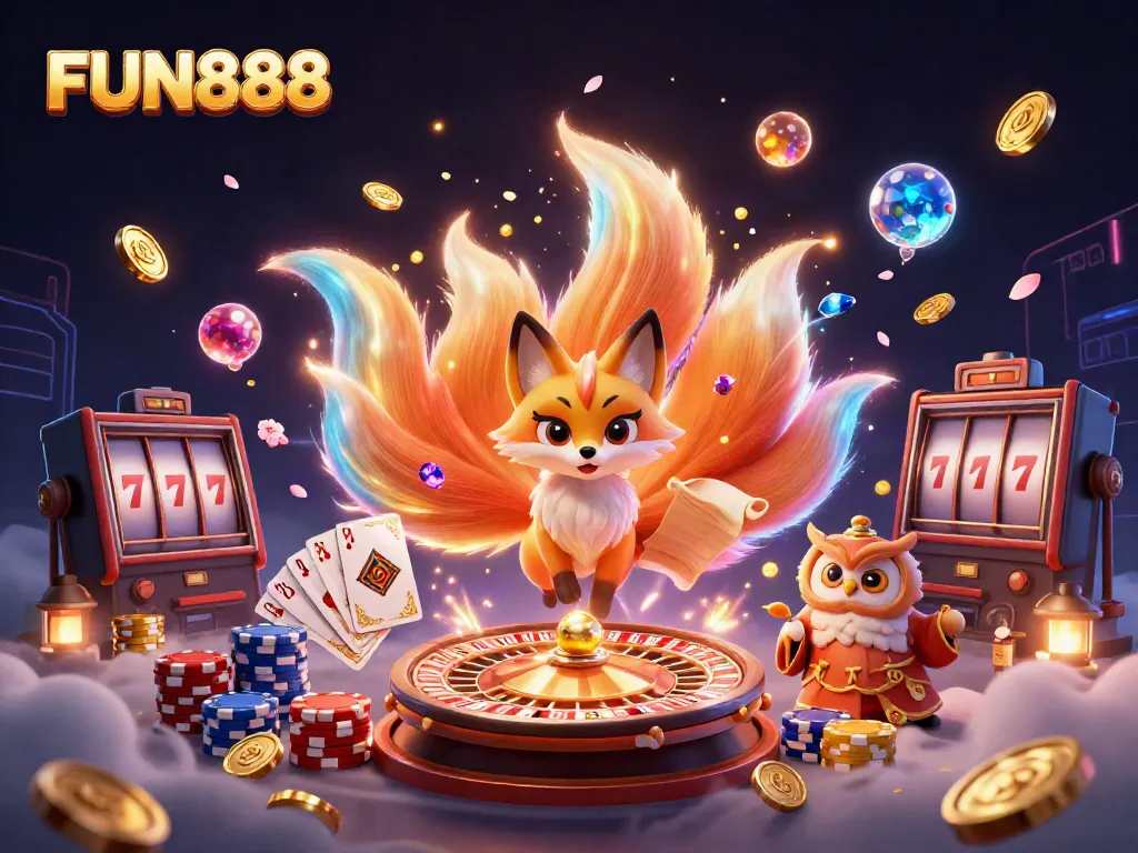 Experience FUN888 with vibrant 3D dice, glowing poker chips, and a magical fox spirit in a colorful casino atmosphere.