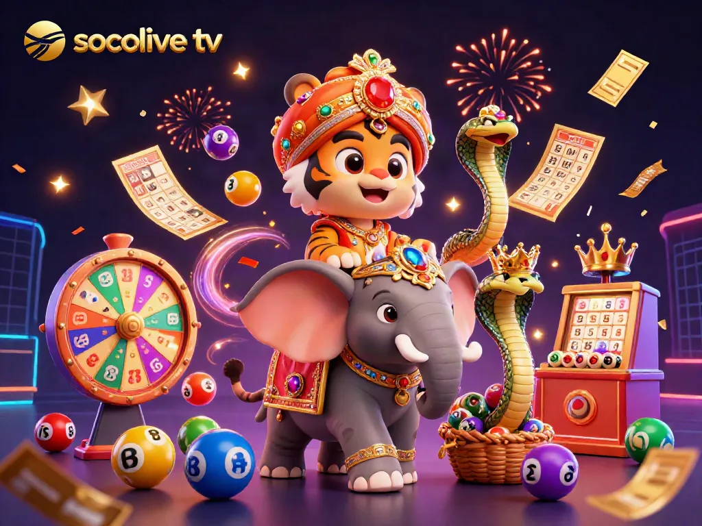 Socolive tv showcases an exciting event featuring a maharaja tiger, elephant, and vibrant gaming elements.