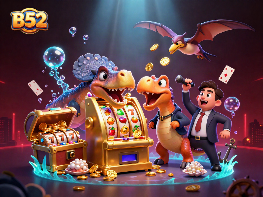 B52 pachycephalosaurus wins jackpot at a golden slot machine in a lively casino scene