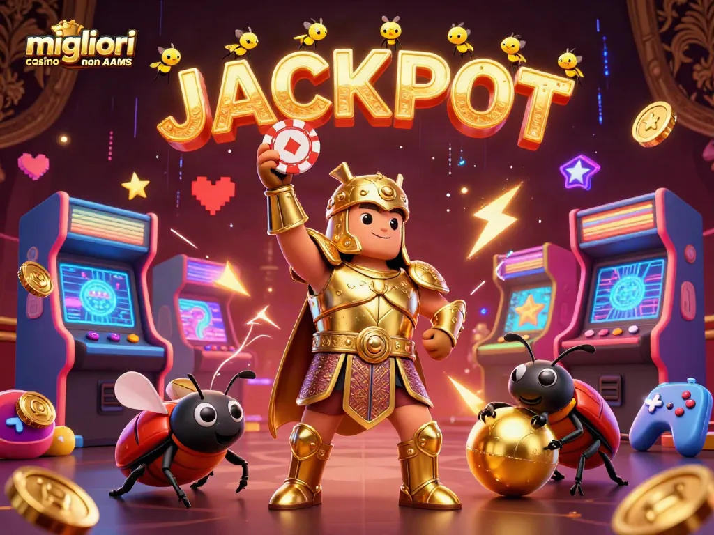 I migliori casino non AAMS sono rappresentati da un scarabeo ercole in armatura dorata mentre solleva un gettone del poker tra una scena di festa e giochi.