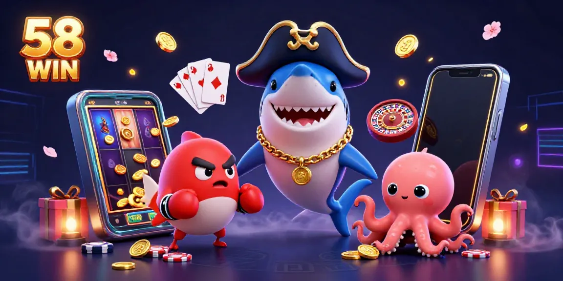 Experience 58 WIN with a vibrant 3D casino illustration showcasing a pirate shark and friends.