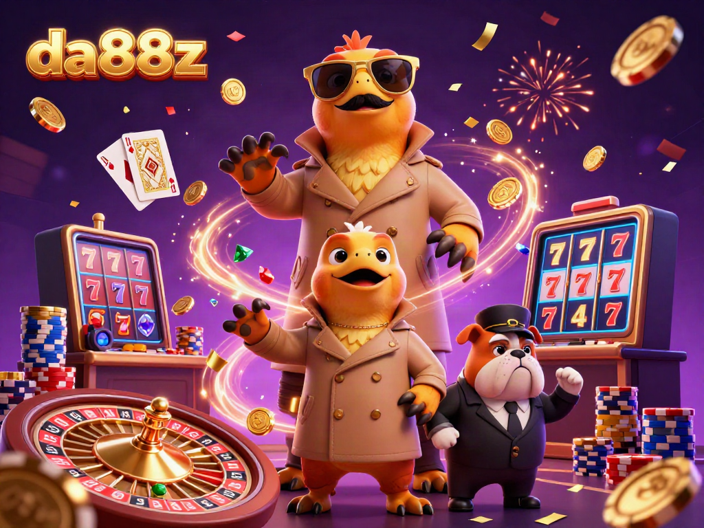 Engage with da88z as three raptors hilariously attempt to enter a VIP casino lounge, surrounded by dazzling casino elements.