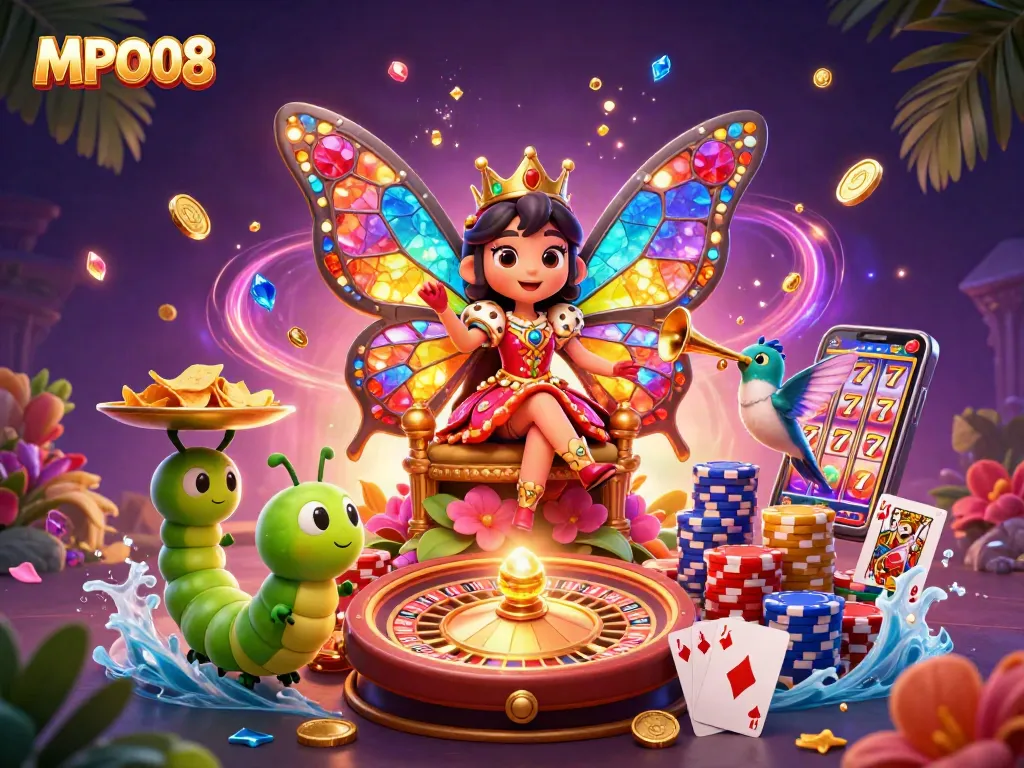MPO08 casino illustration with a butterfly queen, golden chips, and vibrant game symbols.