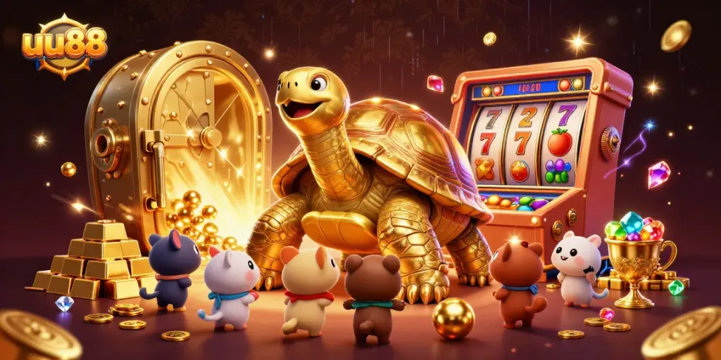 uu88 players enjoying a vibrant 3D casino experience filled with golden treasures and slot machines.