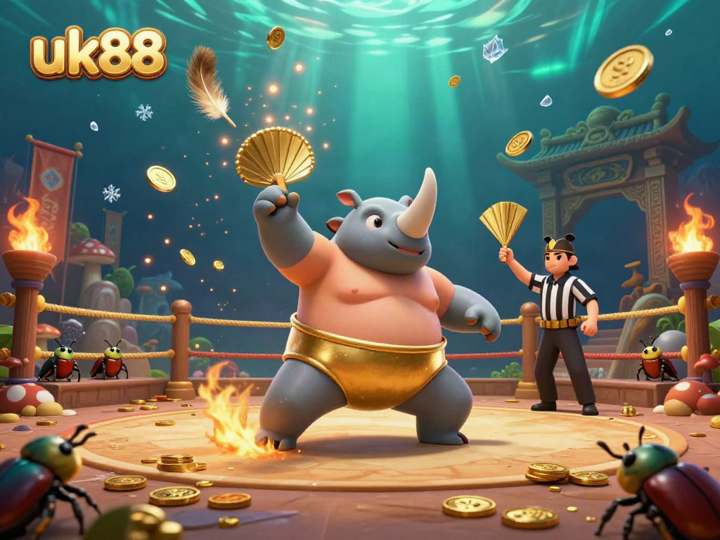 Experience thrilling moments at uk88 with a dynamic 3D scene of a beetle sumo champion surrounded by golden coins and vibrant casino elements.