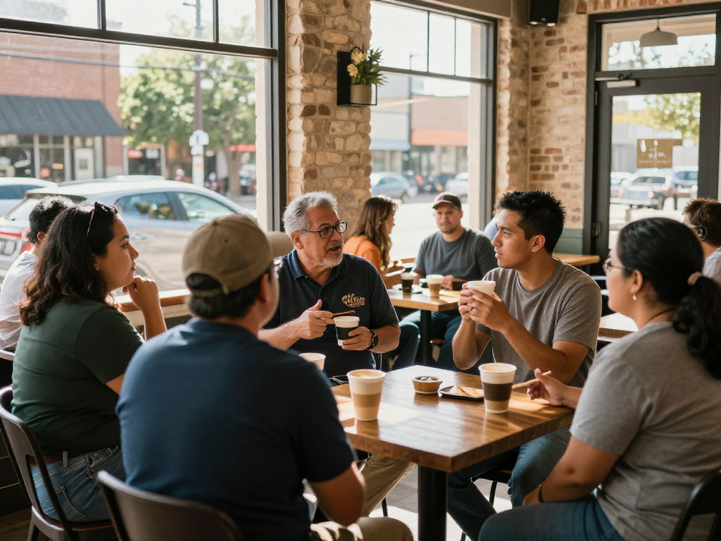 Engaging conversation in a Texas coffee shop about why do people hate Texas, showcasing diverse perspectives.