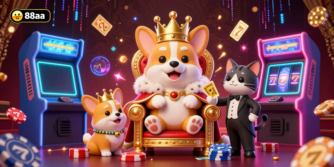 Experience the vibrant casino world of 88aa with a royal corgi and arcade games.