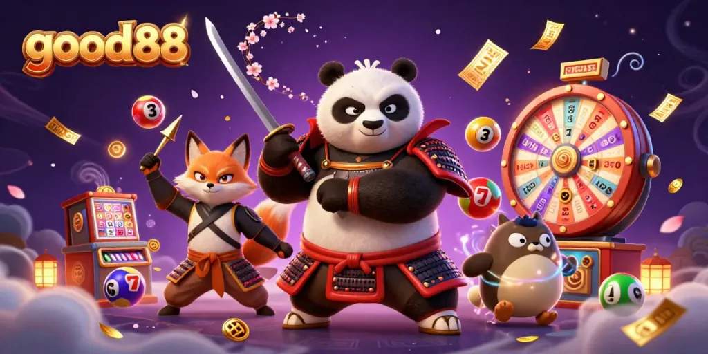Engage in thrilling slots action with good88 featuring dynamic 3D characters and casino elements.