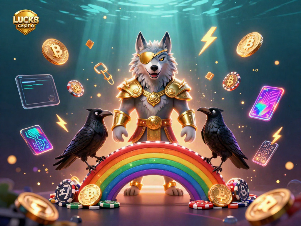 Engage with LUCK8 casino's vibrant 3D experience showcasing a mythical wolf, gold armor, and glowing coins.