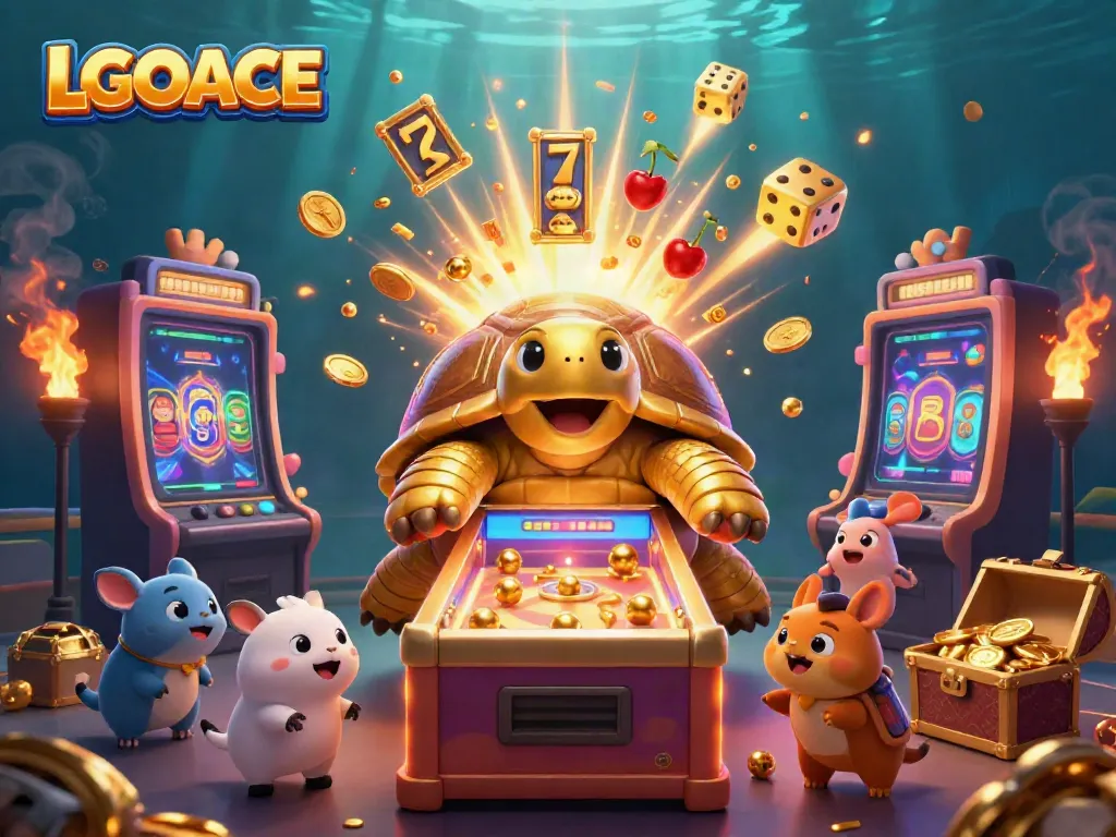 LGOACE brings excitement with a vibrant casino scene featuring a golden tortoise pinball machine and slot jackpots.