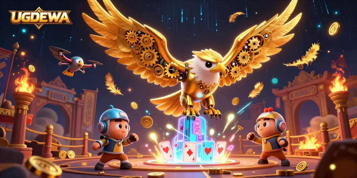 Experience thrilling gameplay at UGDEWA with dynamic illustration of a cybernetic eagle and casino elements.